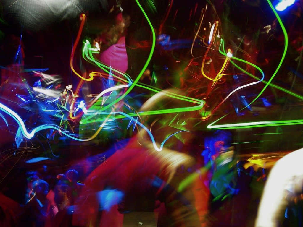 neon light trails, crowded dark nightclub scene, vibrant neon, SD Desktop Wallpaper