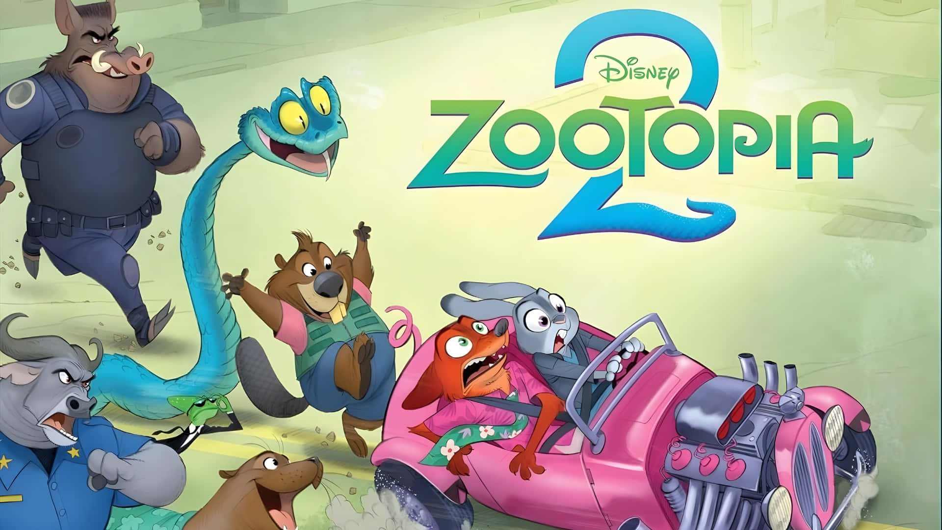 Zootopia 2, pink car, large blue snake, Full HD Desktop Wallpaper