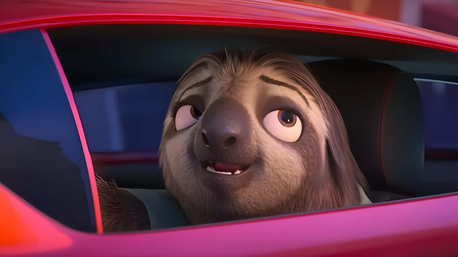 Zootopia 2, sloth character, red car, Full HD Desktop Wallpaper