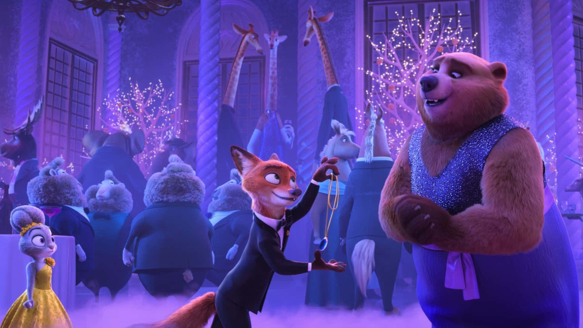 Zootopia 2, fox in a tuxedo, bear in a glittering purple ballroom, Full HD Desktop Wallpaper