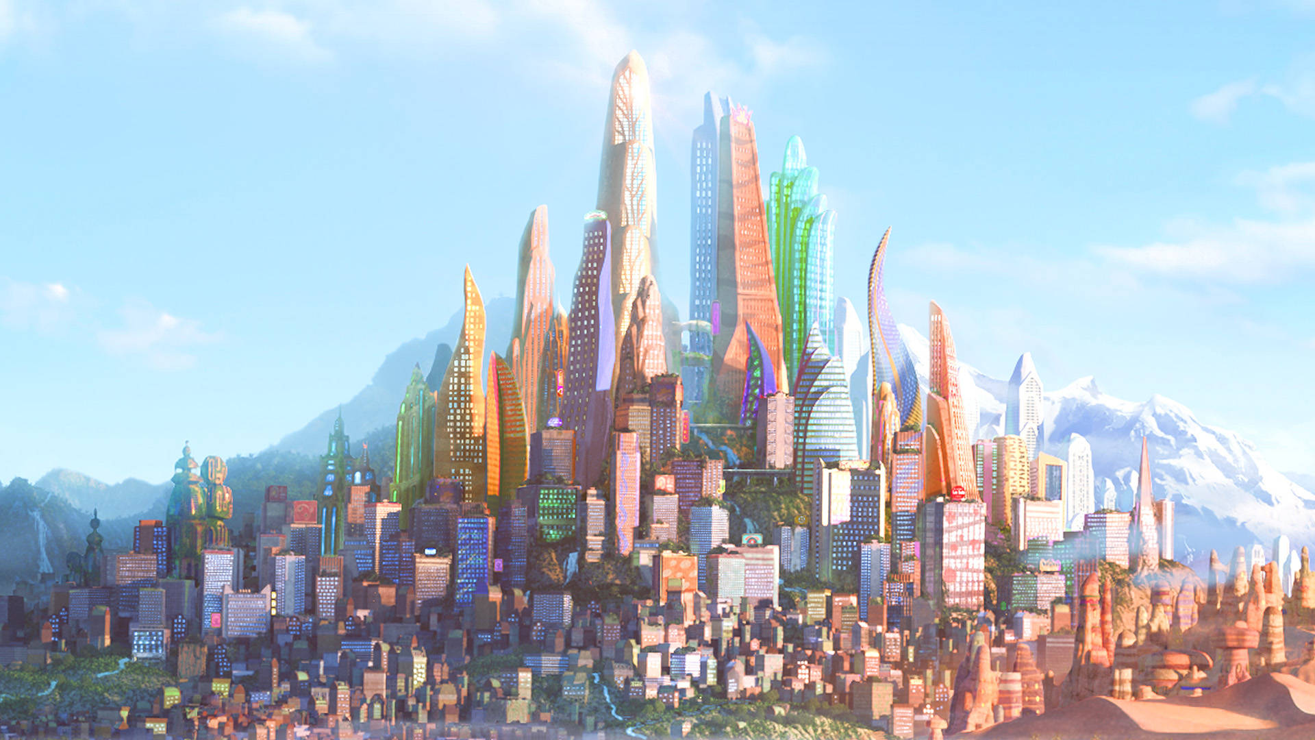 Zootopia, rainbow-colored skyscrapers, snow-capped mountains, Full HD Desktop Wallpaper