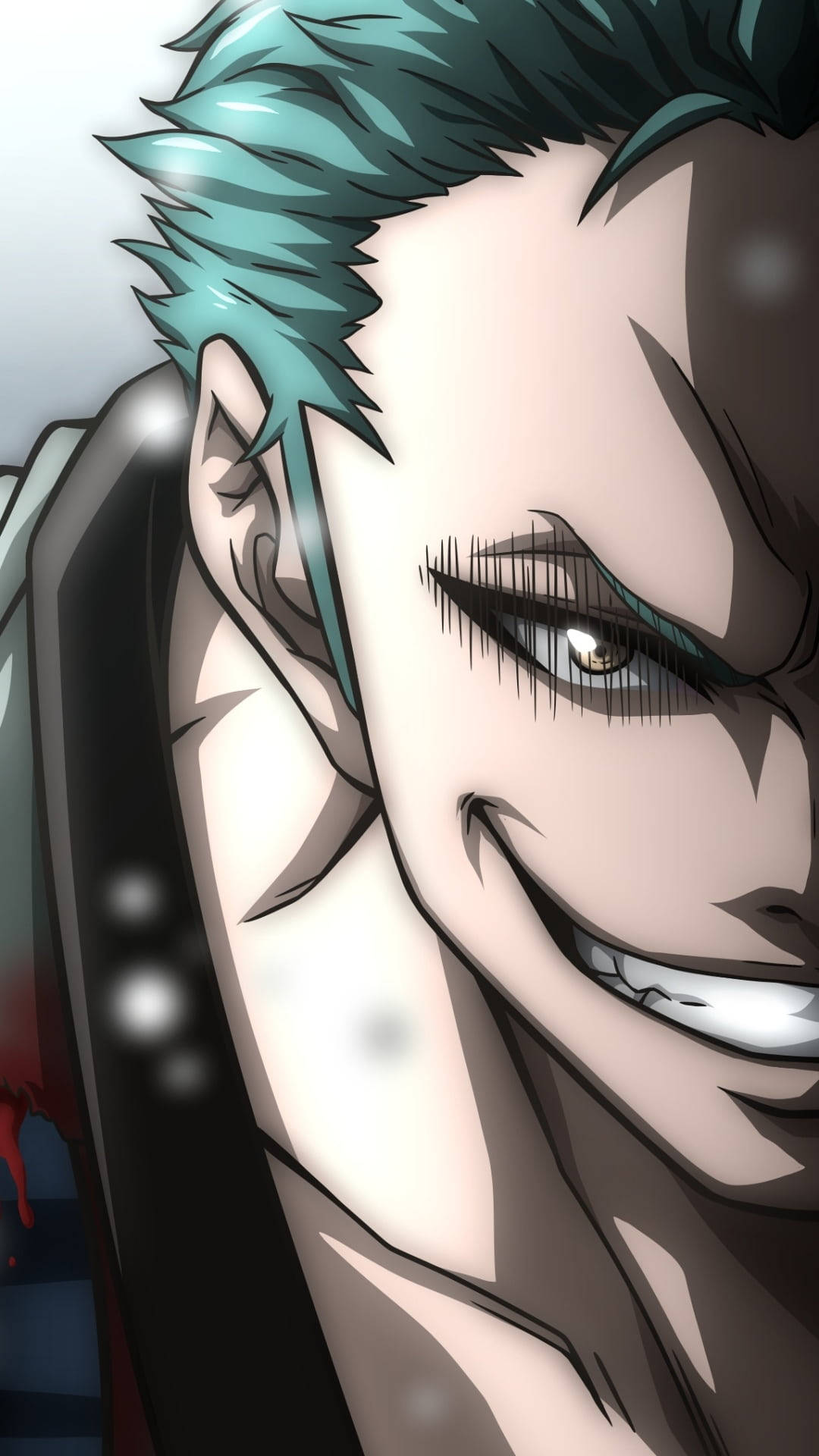 Anime Zoro, teal spiky hair, intense smirk, Full HD Phone Wallpaper