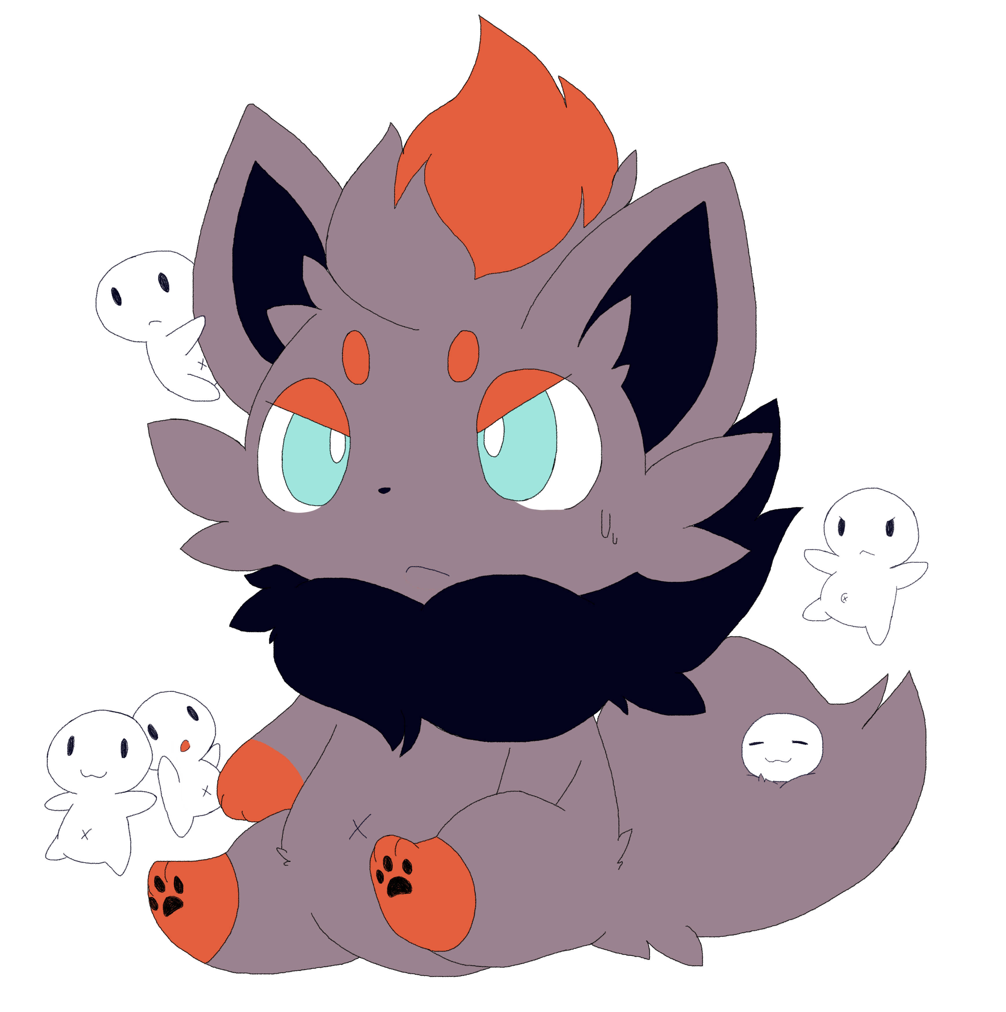 Zorua, gray fox-like creature, orange flame tuft, 2K Phone Wallpaper