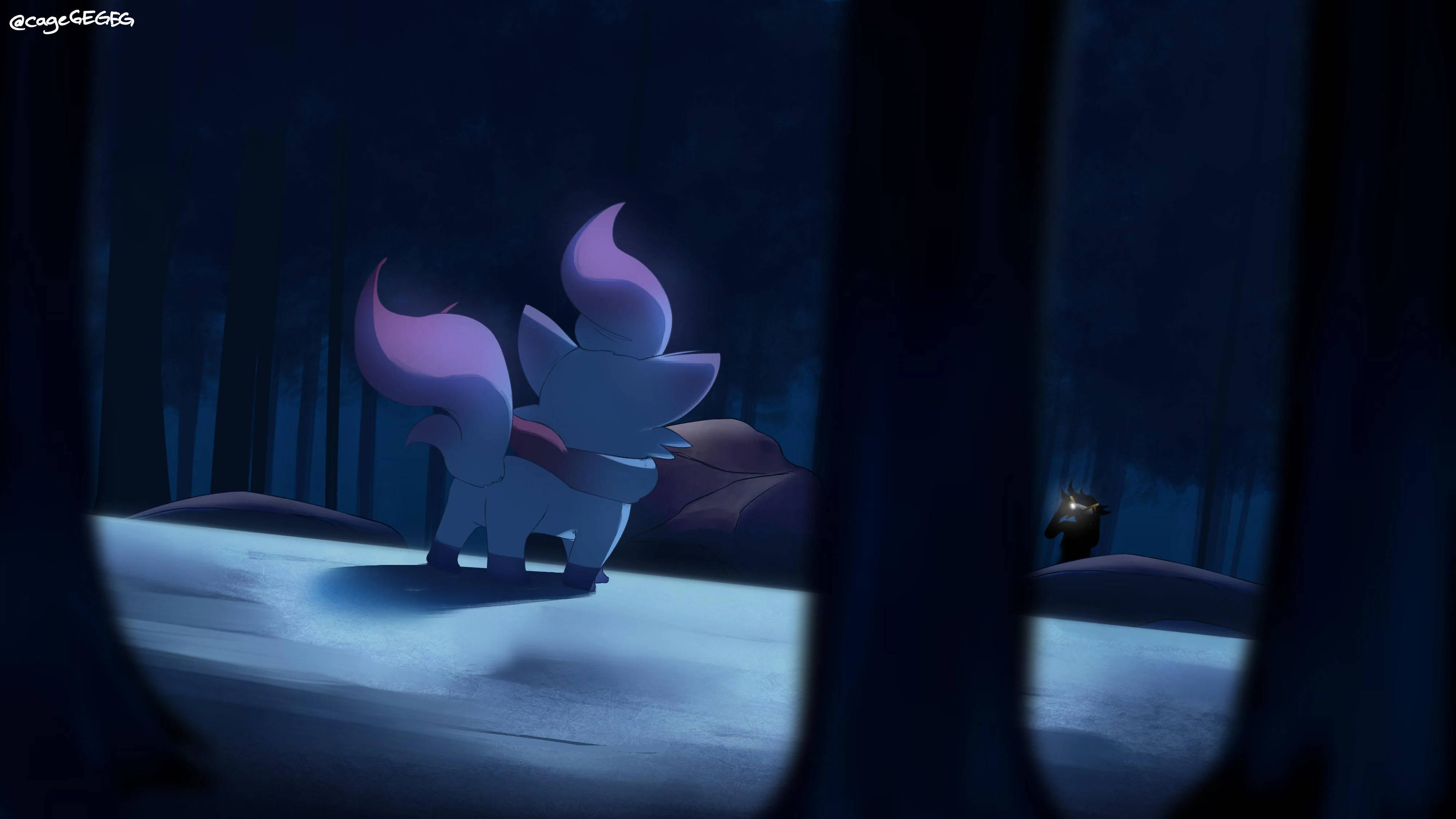 Zorua, moonlit forest clearing, glowing fox-like creature, 4K Desktop Wallpaper