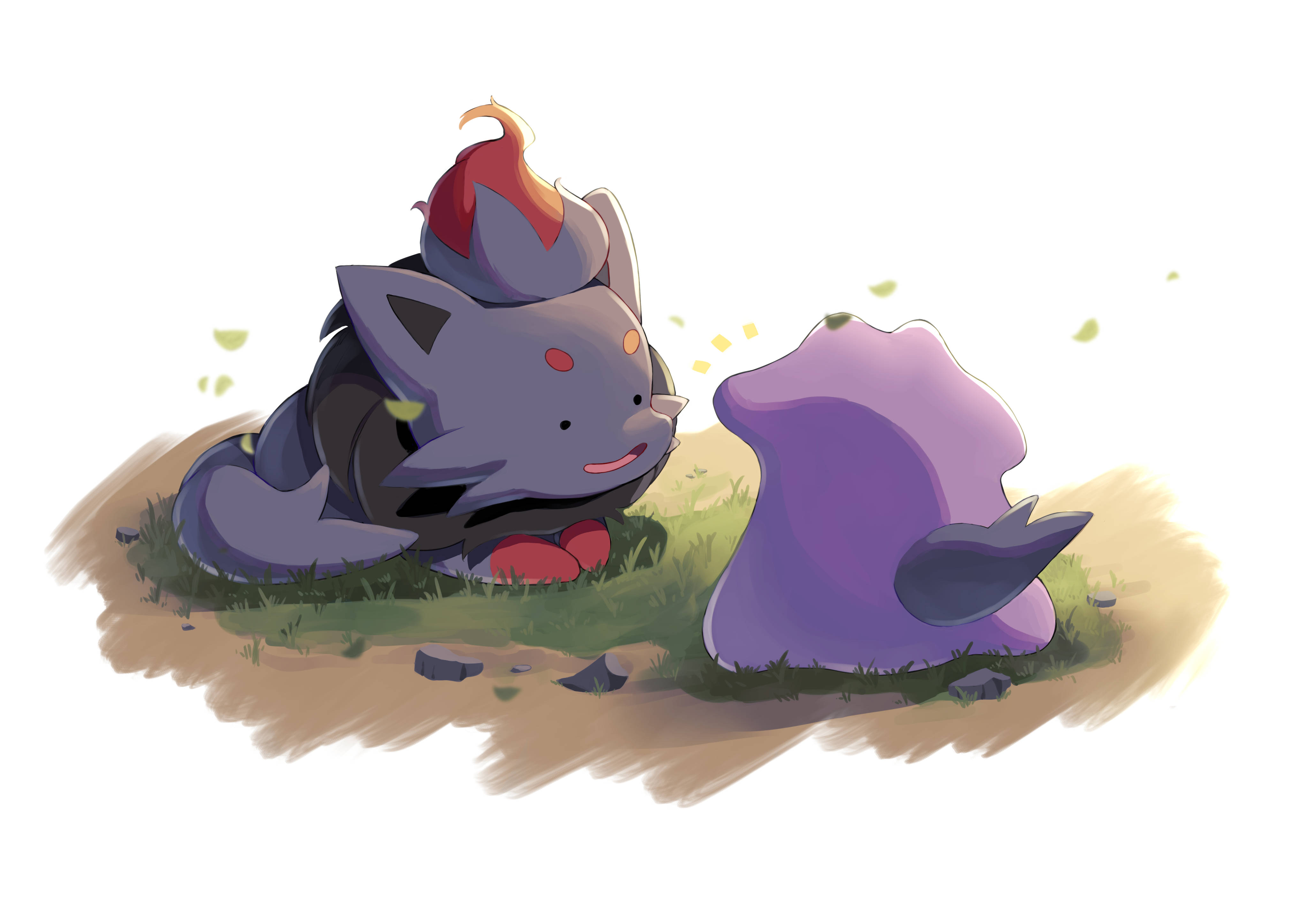 Zorua, gray fox-like creature, red flame tuft, 4K Desktop Wallpaper