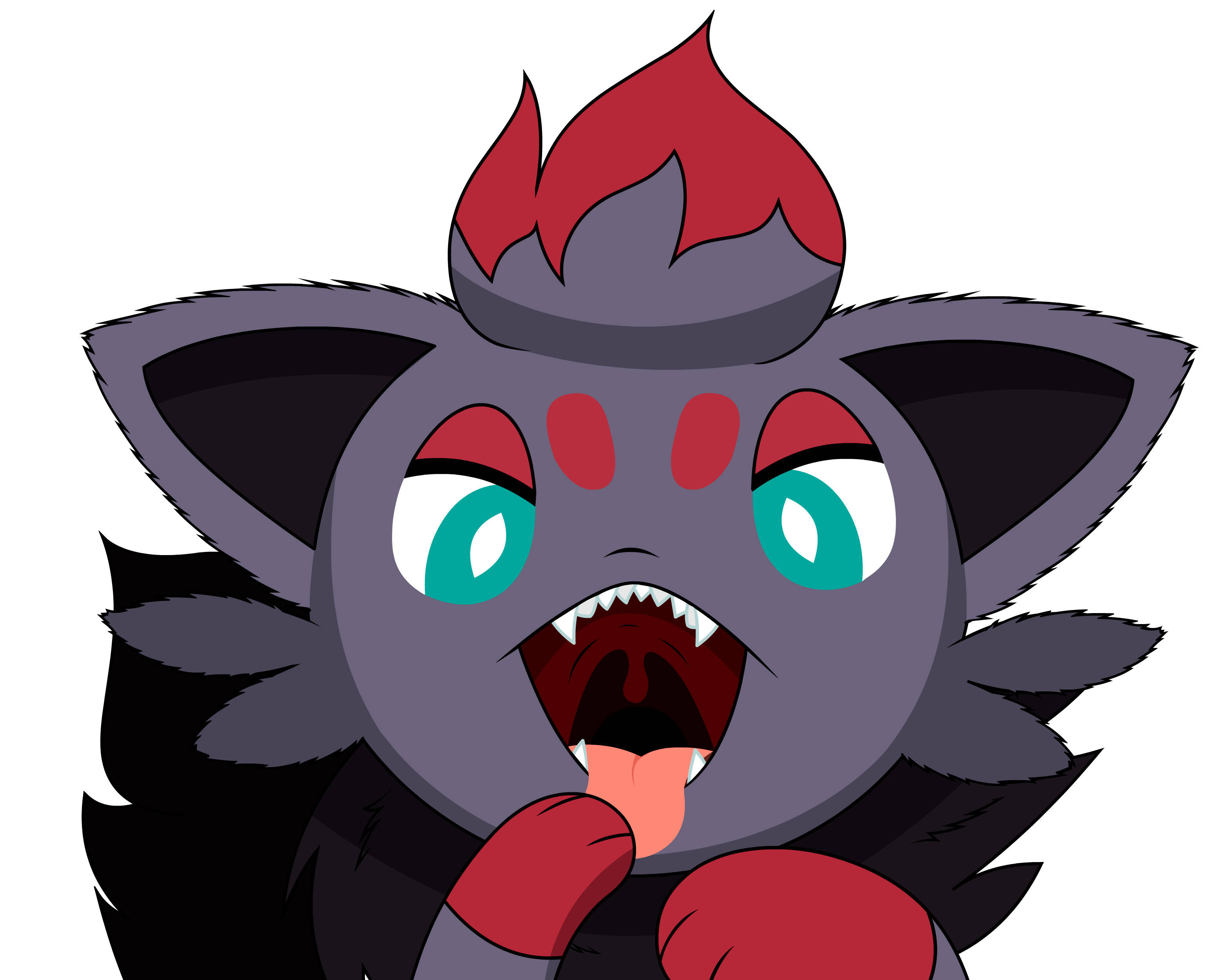 Zorua, red flame hair, teal eyes, 2K Desktop Wallpaper