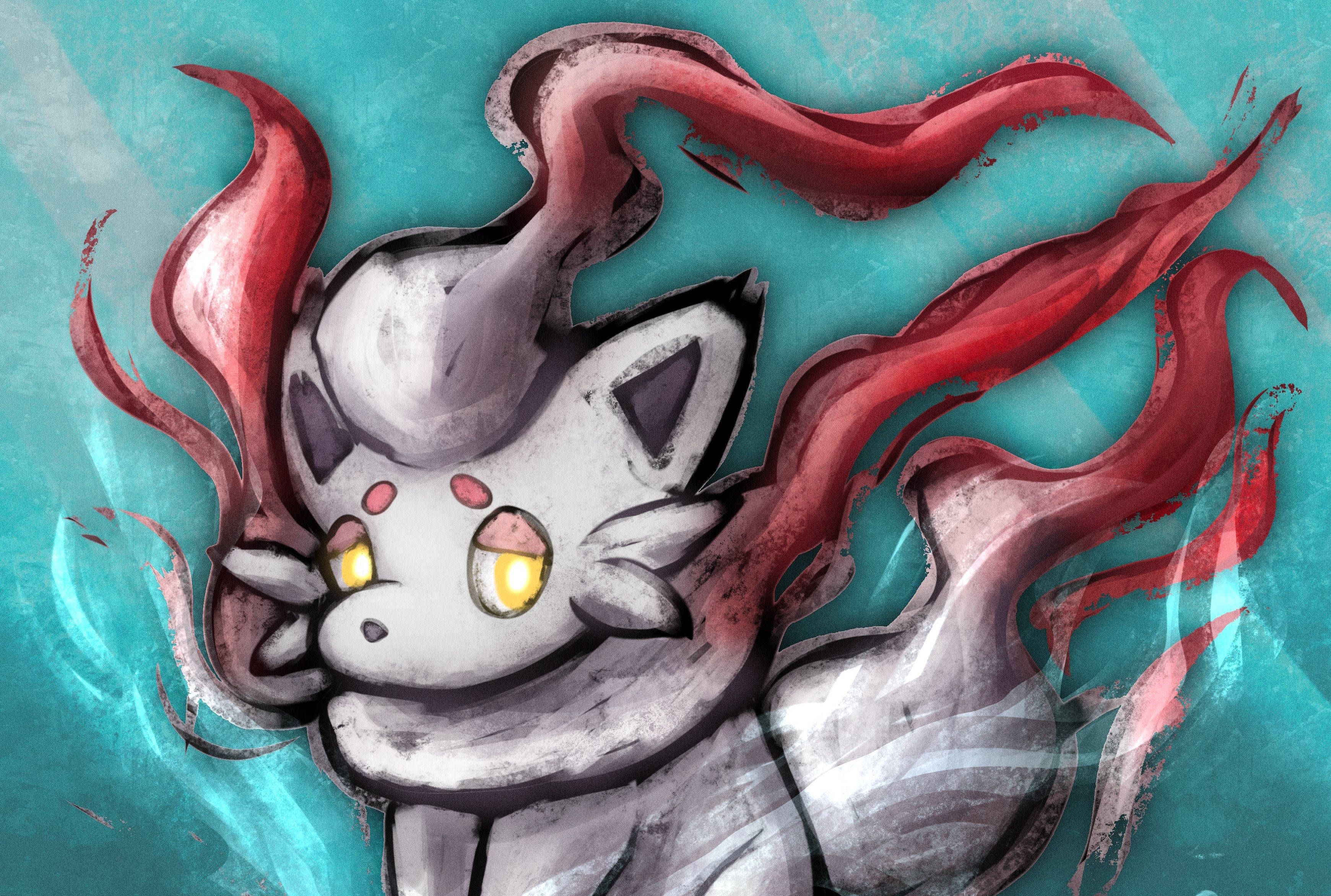 Zorua, glowing yellow eyes, flowing red mane, 2K Desktop Wallpaper