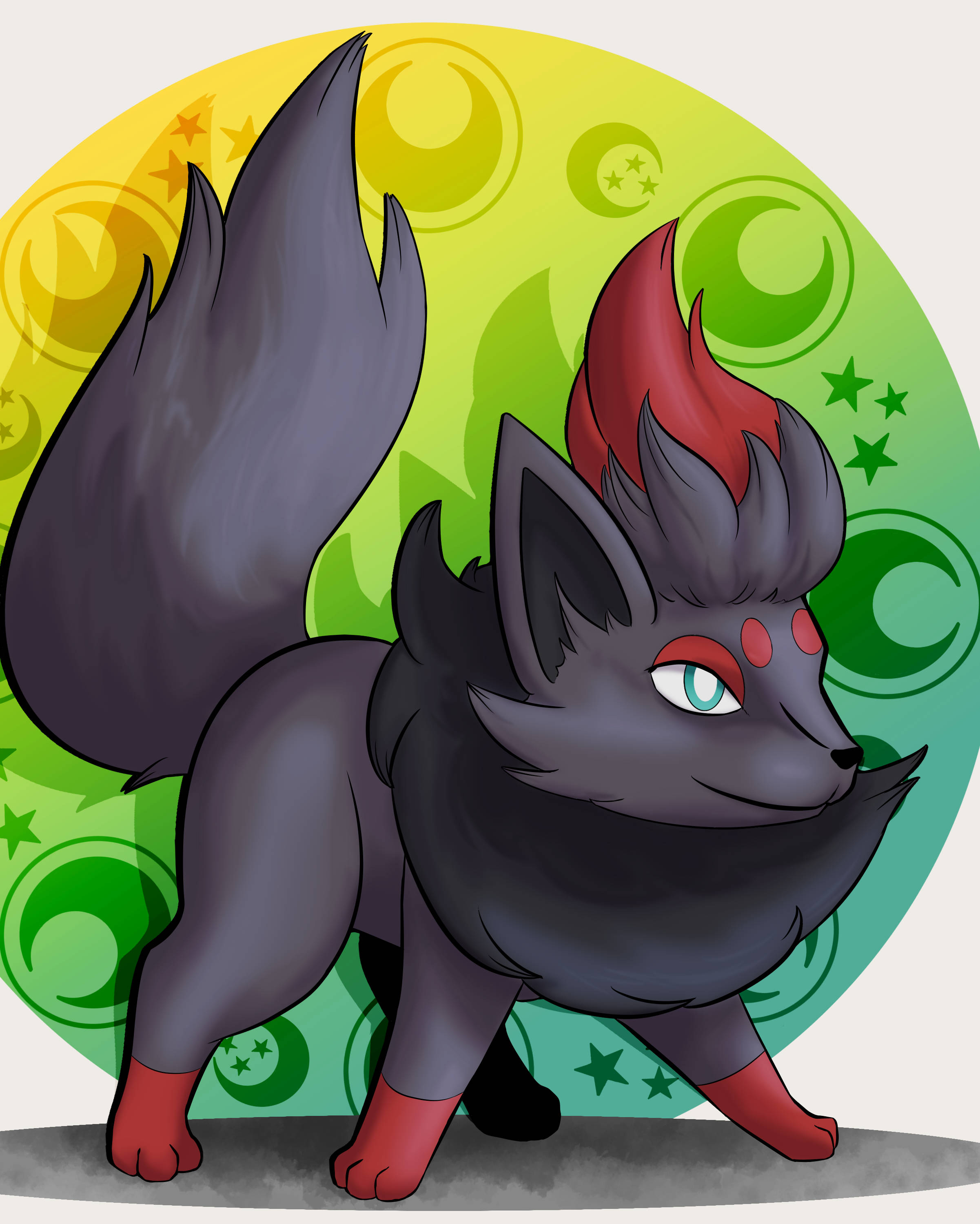 Zorua, dark gray fox-like creature, red markings, 2K Phone Wallpaper