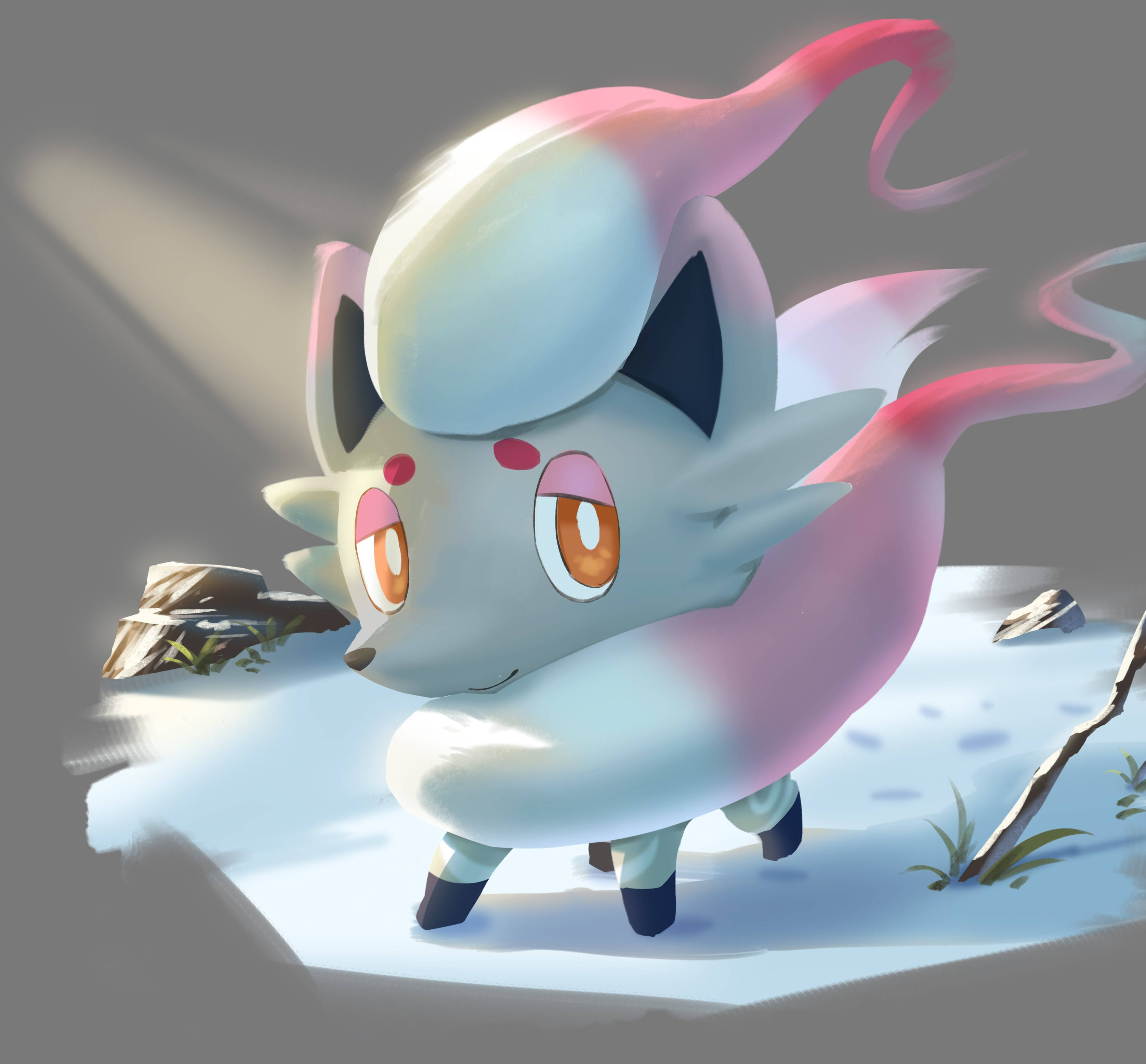 Zorua, fluffy white and pink fox-like creature, glowing orange eyes, 2K Desktop Wallpaper