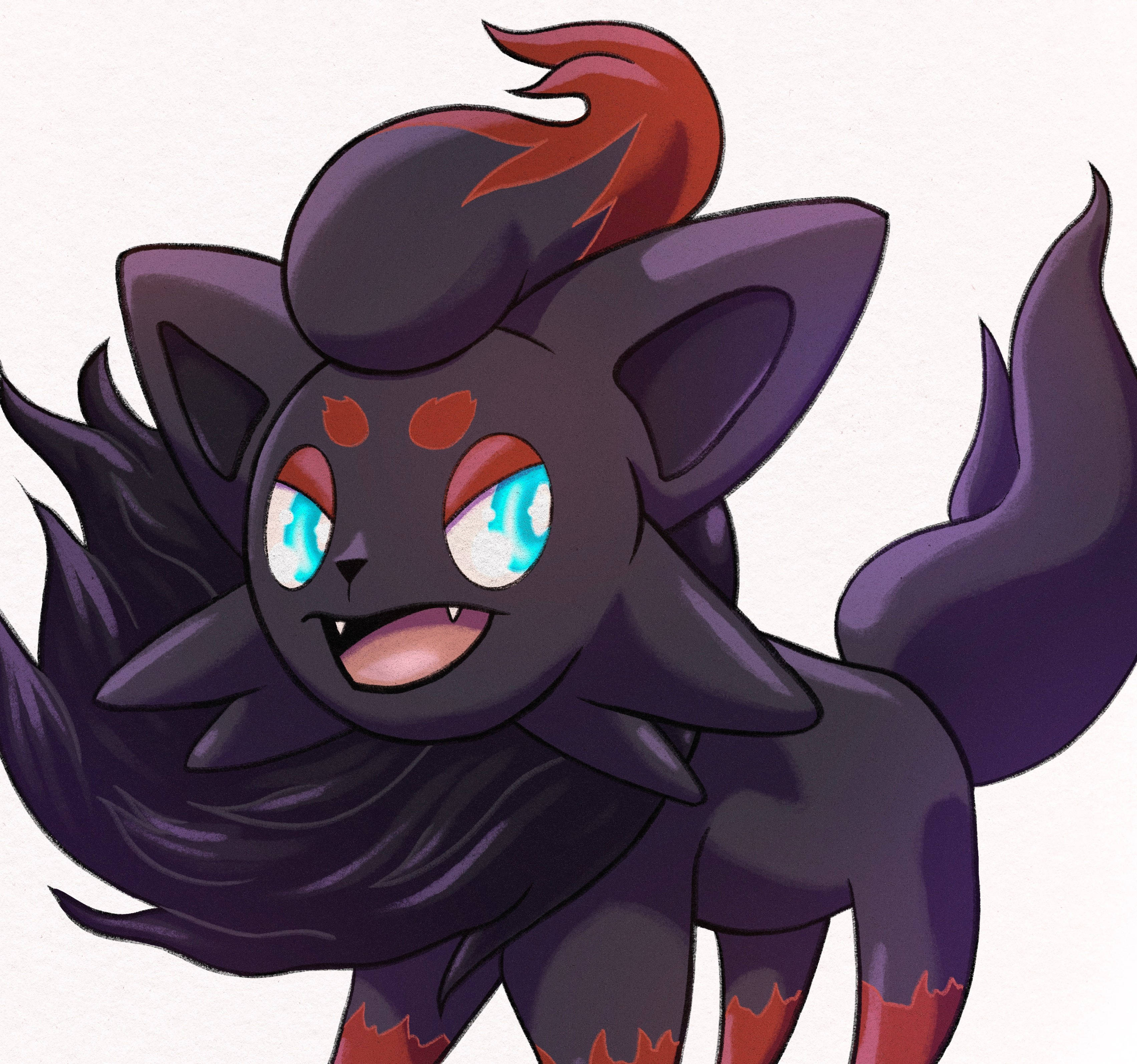 Zorua, dark purple, glowing blue eyes, 2K Desktop Wallpaper