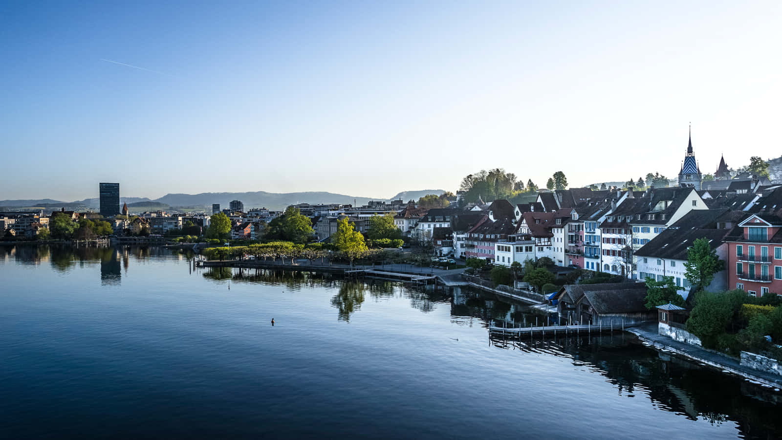 Zug, lakeside panorama, historic buildings, HD Desktop Wallpaper