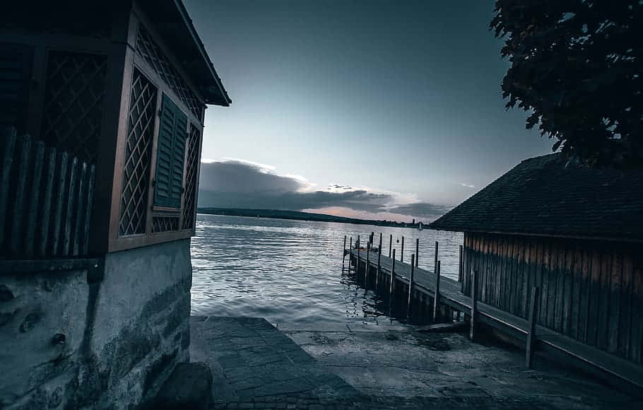 Lake Zug, twilight, wooden cabins, SD Desktop Wallpaper