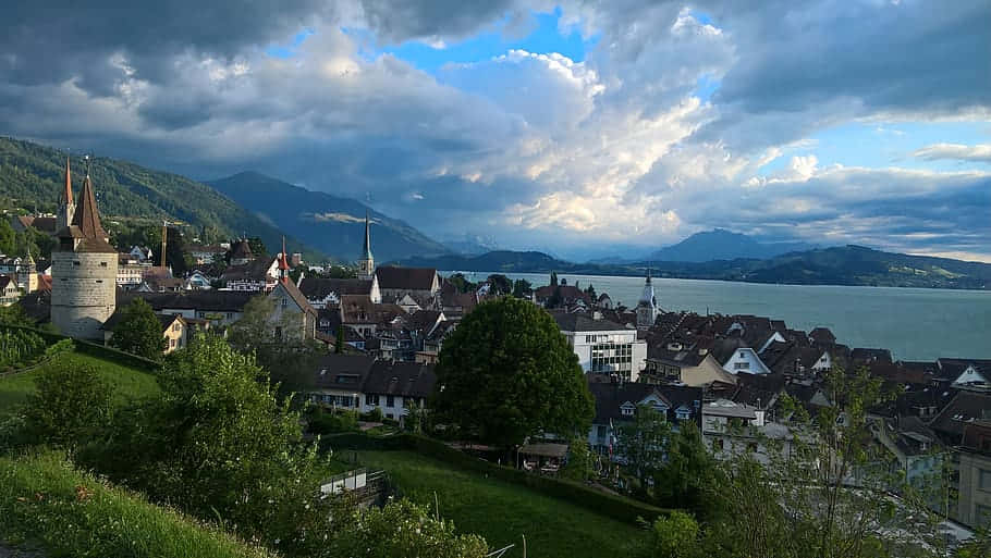 Zug, city by night, snow-capped mountains, SD Desktop Wallpaper