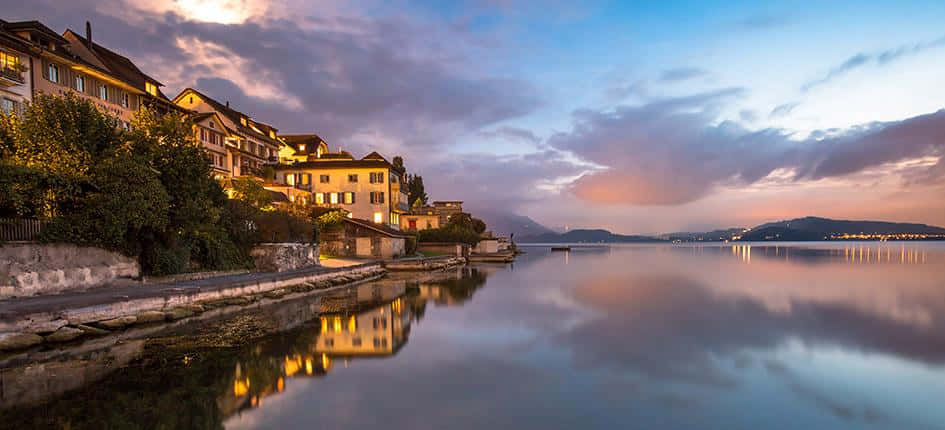 Zug, lakefront, dusk, SD Desktop Wallpaper