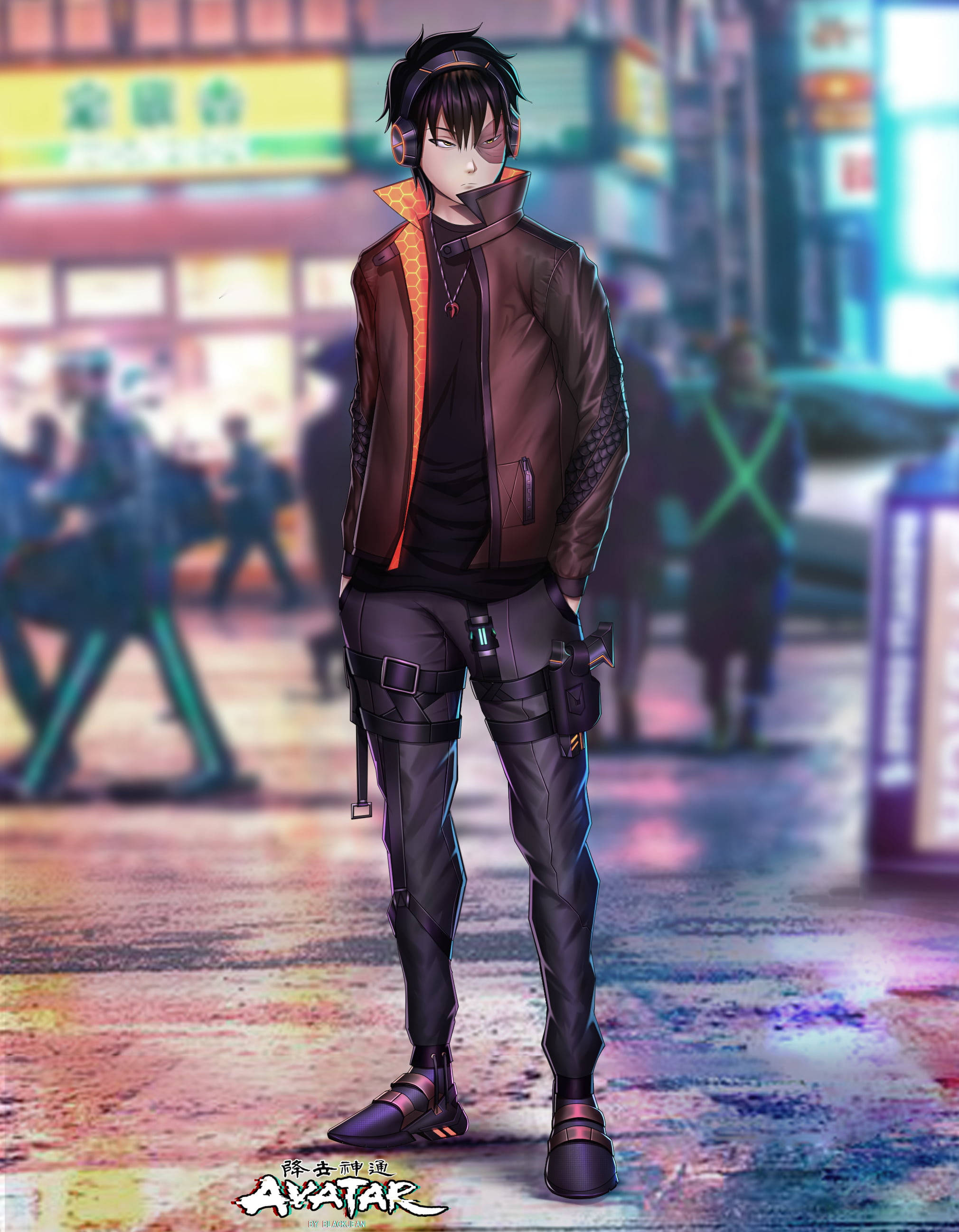 Zuko, neon-lit rainy city street, night, 2K Phone Wallpaper