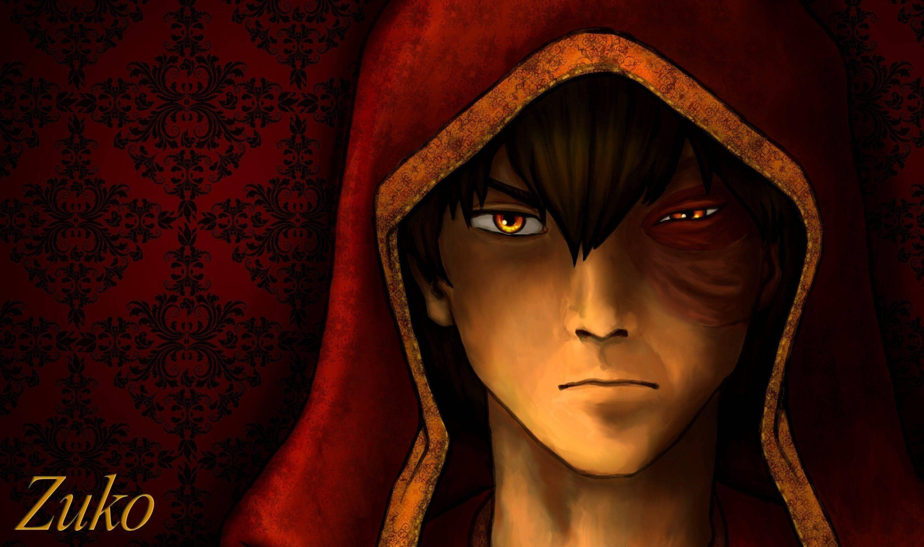 Zuko, red hooded cloak, dark red damask wallpaper, 2K Desktop Wallpaper