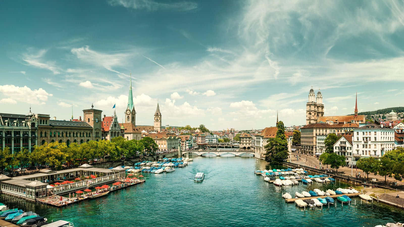 Zurich skyline, sunset, turquoise river, HD Desktop Wallpaper