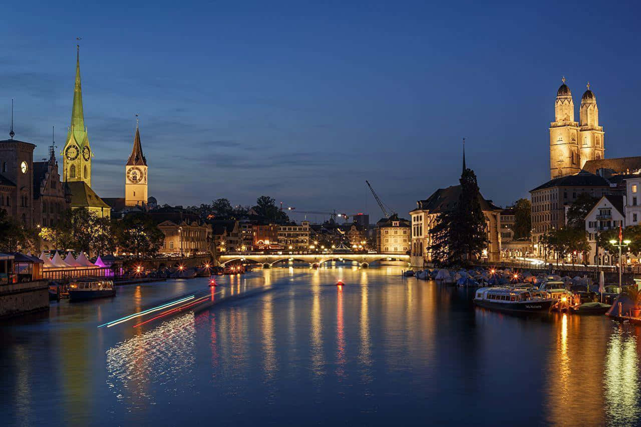 Zurich, twilight, river, HD Desktop Wallpaper