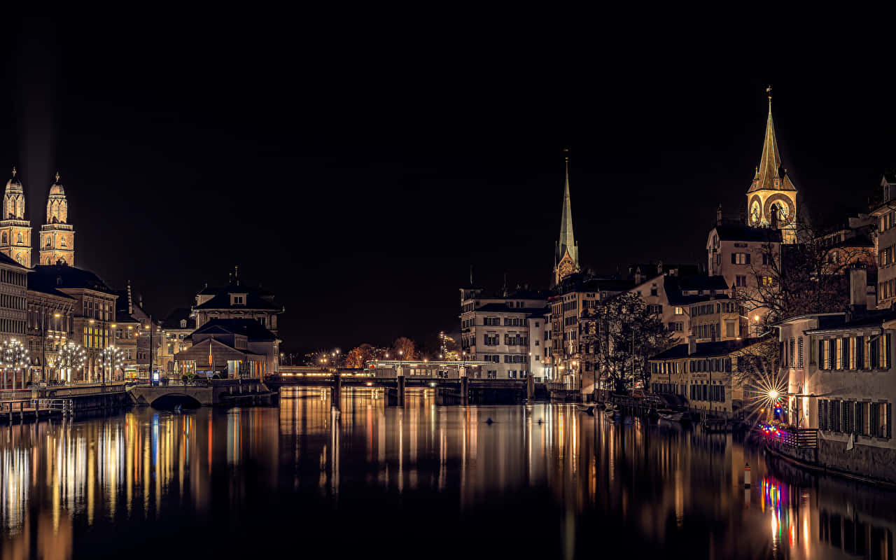 Zurich, river, nighttime, HD Desktop Wallpaper