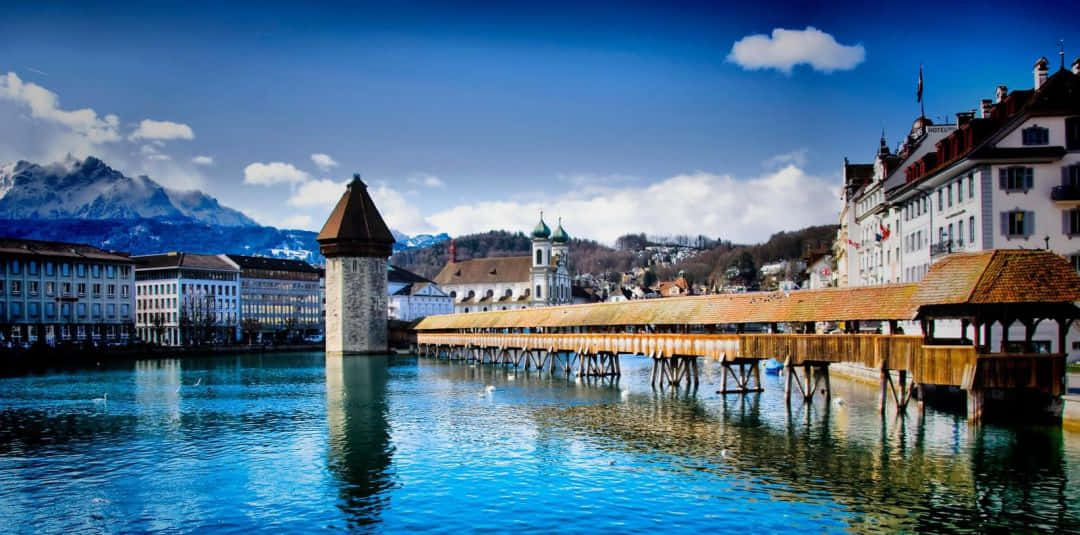 Lake Zurich, wooden covered bridge, stone tower, SD Desktop Wallpaper
