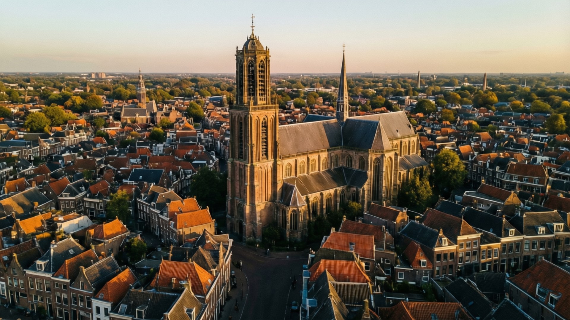 Zwolle, sunset, aerial view, Full HD Desktop Wallpaper