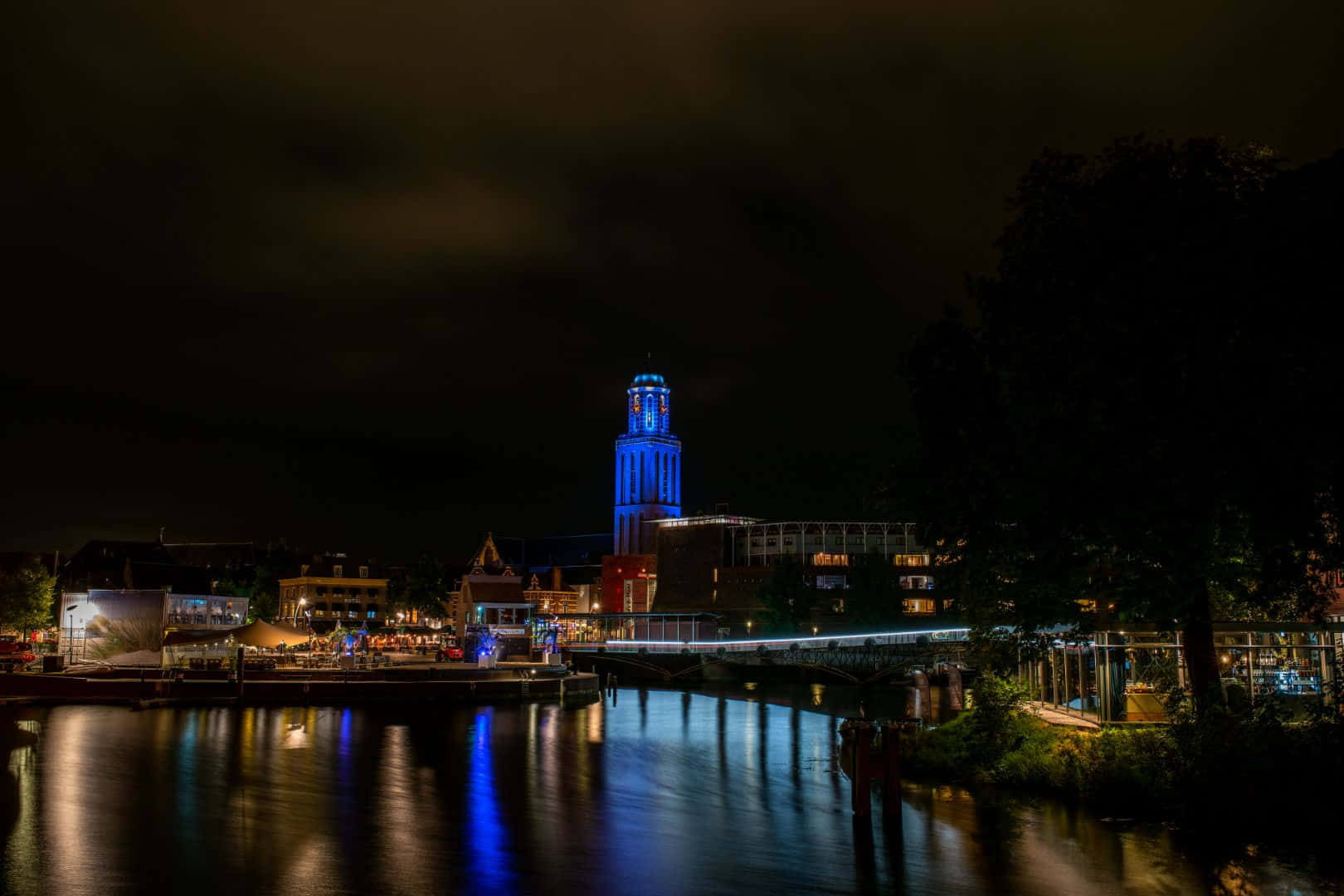Zwolle, nighttime cityscape, illuminated tower, HD Desktop Wallpaper